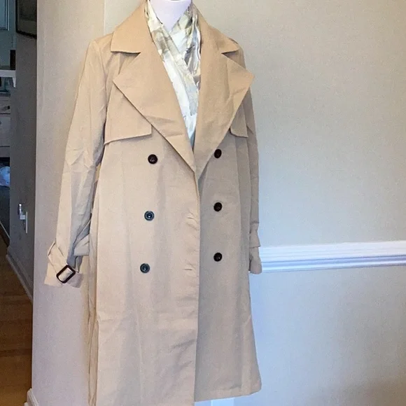 New knee length trench coat,size large double breasted buckle straps sleevesNWOT - Picture 7 of 9